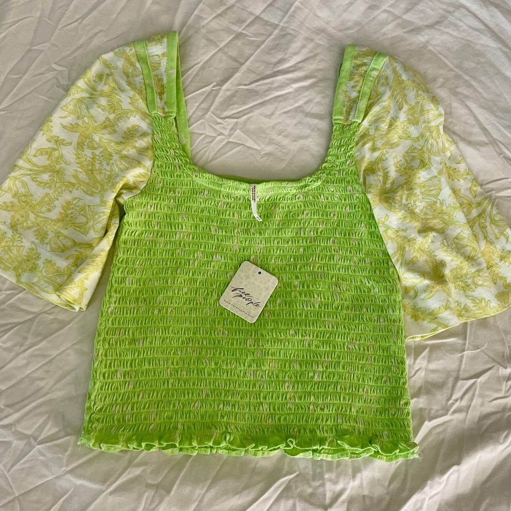 Free People Green and Yellow Smocked Crop Blouse